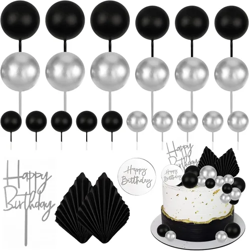 MEMOVAN 26 piezas de decoración de pastel de cumpleaños para hombre, decoración de pastel bohemio negro, bolas negras plateadas, hojas de palma,