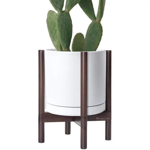 Miniatura 42 de D'vine Dev Maceta de cerámica con soporte de ébano – Maceta redonda moderna de 8 pulgadas con soporte para maceta de madera, color negro, 55-B-M-2