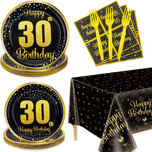 Decoraciones de cumpleaños número 30 para mujeres y hombres – Juego de 81 platos, servilletas, mantel y tenedores, color negro y dorado,