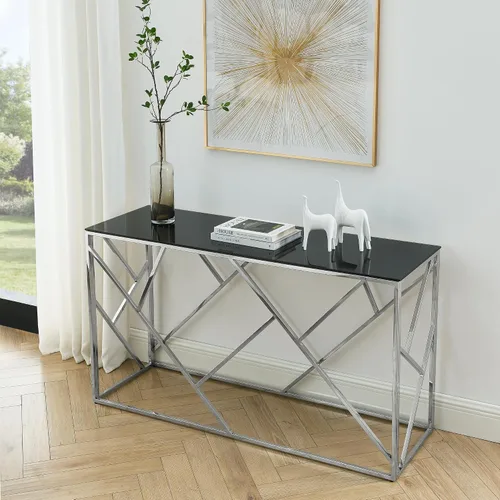 Miniatura 10 de Mesa consola moderna de cristal, mesa de sofá dorada de 55 pulgadas con marco de metal resistente y parte superior de vidrio templado negro