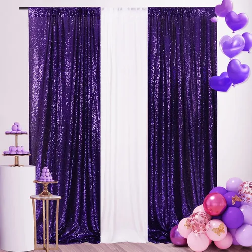 SquarePie Telón de fondo de lentejuelas de 2 x 8 pies, 2 cortinas brillantes de fondo morado para decoración de fiesta de boda de Halloween Púrpura