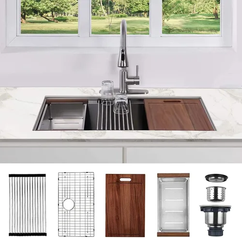 Fregadero de cocina de acero inoxidable de 30 pulgadas, calibre 18, fregadero de cocina hecho a mano con borde integrado y accesorios (paquete de 5)