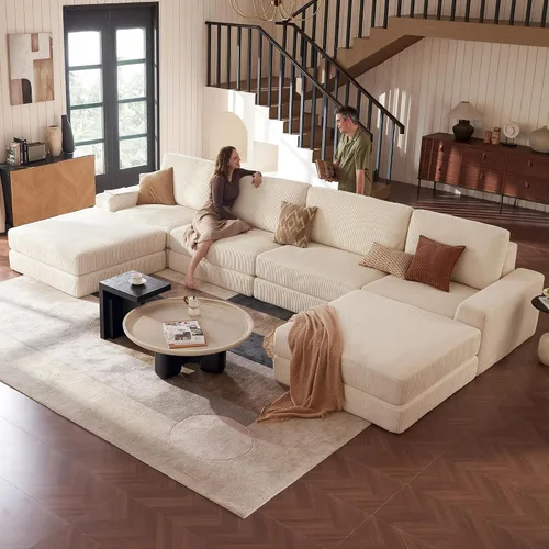 Miniatura 25 de Sofá seccional modular, 120.47" Sofá seccional moderno en forma de nube con chaise en L, cómodo sofá mullido de corduroy con asiento profundo, sofás