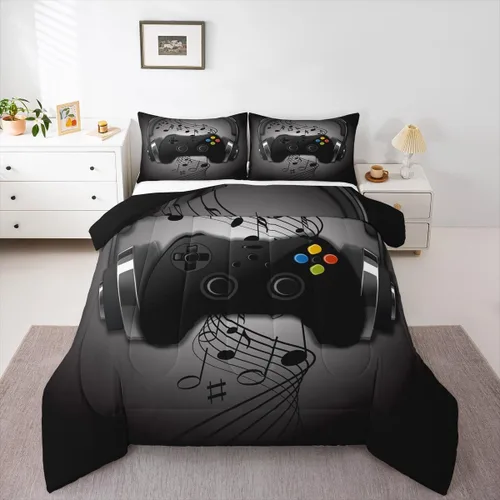 Miniatura 36 de Juego de edredón de videojuegos para niños, niñas y hombres, juego de ropa de cama con estampado de consola de videojuegos negro, decoración