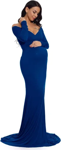 Miniatura 3 de ZIUMUDY - Vestido ajustado de maternidad con cuello en V fruncido, hombros descubiertos, manga larga, maxivestido para fotografía