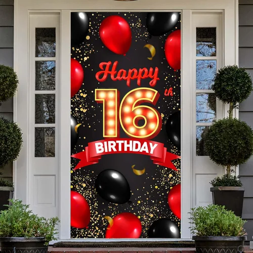 Miniatura 8 de Cartel de feliz cumpleaños número 15 rojo y negro, globos de fondo para decoración temática para niñas y mujeres, princesas de 15 años, suministros