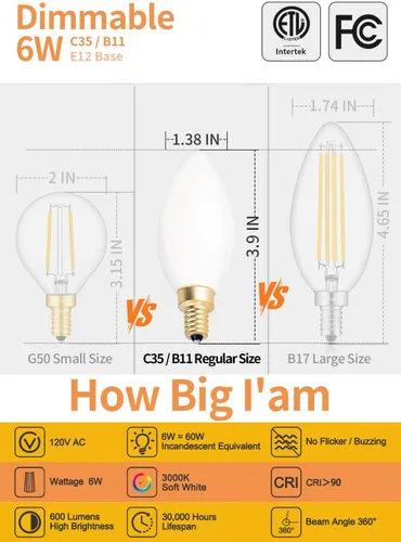 Miniatura 2 de Bombilla LED de candelabro LED regulable de 6 W 3000 K, color blanco suave, equivalente a 600 lúmenes, luz de cristal ópalo E12, lámpara de vela B11