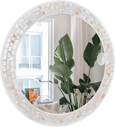 Miniatura 10 de Espejos de mosaico para pared de 24 pulgadas, con incrustaciones de nácar natural, espejo redondo con marco blanco para baño, dormitorio o entrada