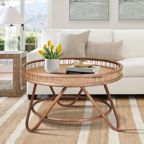 Miniatura 5 de FINECASA Mesa de centro redonda de ratán bohemio, tejida a mano, estilo moderno, mesa de centro redonda de mimbre para sala de estar, 32 x 18 Marrón