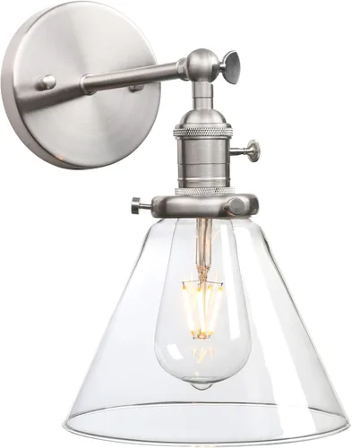 1 lámpara de pared vintage nostálgica con embudo de vidrio acampanado, pantalla de vidrio transparente, bombilla de filamento Edison incluida,
