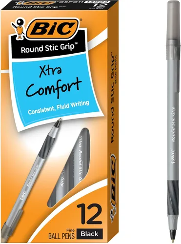 BIC Round Stic Grip Xtra-Comfort - Bolígrafos de punta media, 0.047 in, barril gris, tinta negra, paquete de 12 bolígrafos