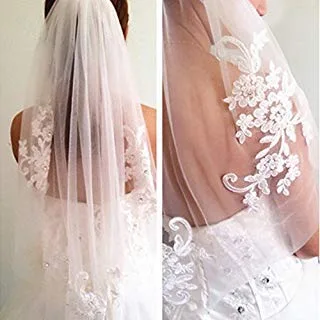 Kercisbeauty Encaje nupcial bordado hueco flor blanco y marfil velo gota boda con peine de pelo cuentas de cristal ancho velo capilla velo de una