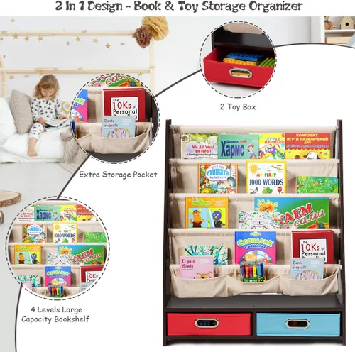 Miniatura 4 de HONEY JOY Estante para libros para niños con 2 contenedores de almacenamiento, estantería de madera para niños pequeños con 4 estantes de eslinga