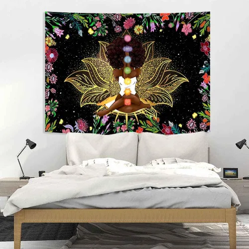 Miniatura 7 de Ine Ive Tapiz de chakra africano, mujer afroamericana, tapices de meditación zen, 40 x 30 pulgadas, cielo estrellado, flores, jardín, inspirador