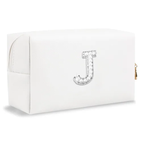 Miniatura 30 de Pequeña bolsa de maquillaje personalizada con inicial A-Z Preppy Patch, bolsa de cosméticos de viaje de felpilla blanca con cremallera, bonita bolsa