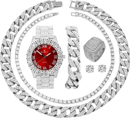 Charles Raymond Reloj de hombre con números romanos y carátula de color recubierto con cristales grandes que imitan diamantes Pulsera de cadena