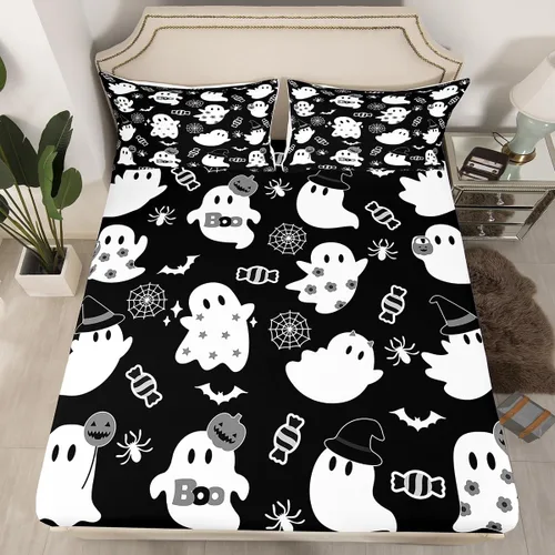 Sábana bajera ajustable de fantasma de Halloween, tamaño individual, sábana de bruja de calabaza de caramelo de dibujos animados, juego de ropa de