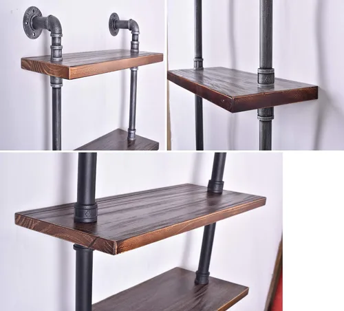 Miniatura 3 de Estantes industriales de tubería rústica y moderna estantería de escalera de madera de 24 pulgadas de ancho con marco de metal, estante de pared