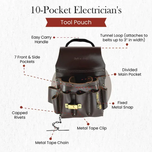 Miniatura 4 de Style n Craft 10-Pocket Electrician's Tool Pouch, Heavy-Duty Leather with Metal Tape Clip, Metal Tape Chain and Fixed Snap, Durable Full-Grain