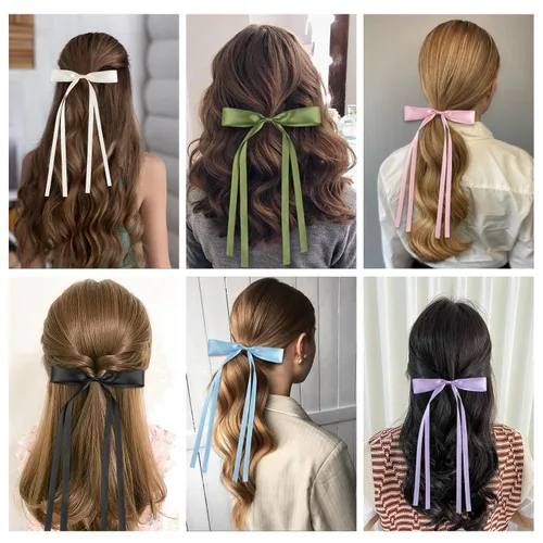 Miniatura 5 de 8 pinzas de lazo para el pelo para mujeres, niñas, cinta de borla, pinzas para el pelo con cola larga, pasadores de borla de satén sedoso con cola