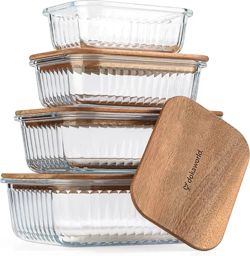 Miniatura 11 de Juego apilable de 5 cuencos de vidrio anidados para ahorrar espacio con tapas de bambú para preparación de alimentos, almacenamiento, horneado