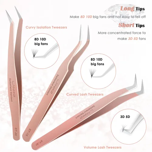 Miniatura 3 de LANKIZ Juego de 5 pinzas para extensiones de pestañas, de acero inoxidable, pinzas para extensiones de pestañas con volumen, pinzas de oro rosa