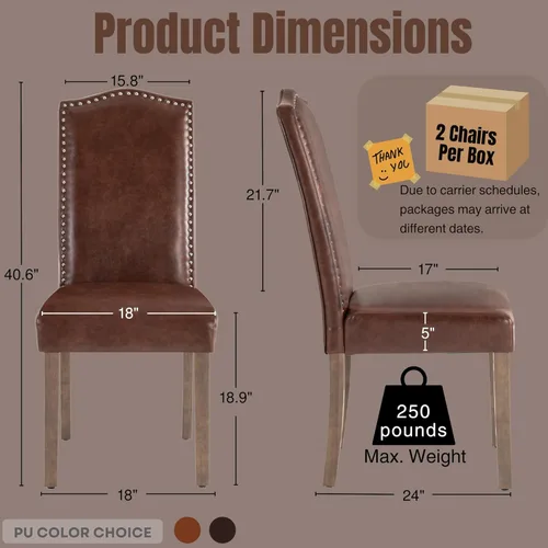 Miniatura 2 de Silla de comedor tapizada moderna y elegante Parsons con respaldo alto con ribete plateado de cabeza de clavo y patas de madera, juego de 4, piel