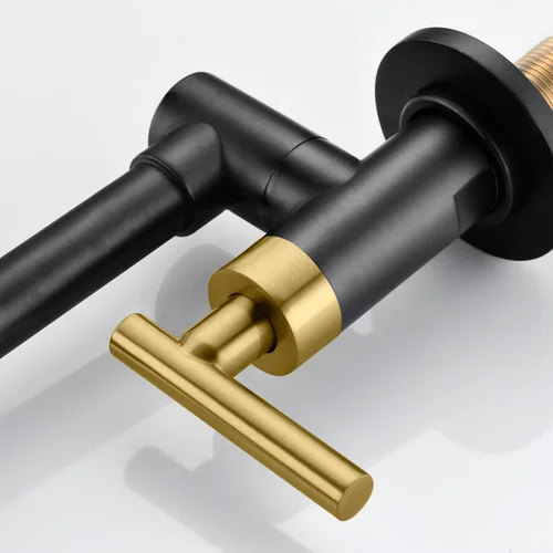 Miniatura 9 de SUMERAIN Grifo de llenado de olla para montaje en pared, grifo de cocina negro y dorado, brazos oscilantes de doble articulación, dos manijas