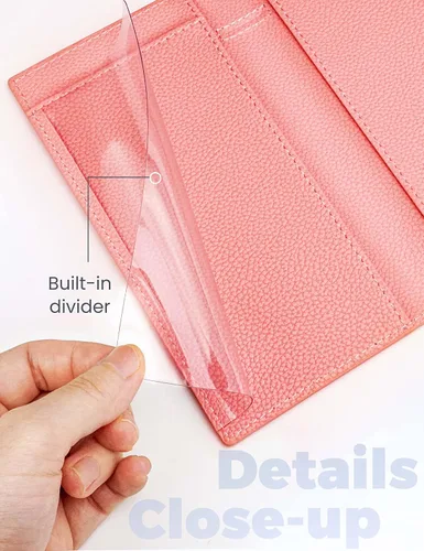 Miniatura 58 de Yarnic Funda para chequera personal, soporte para chequera con soporte para bolígrafo y divisor de plástico transparente integrado para cheques Rosa