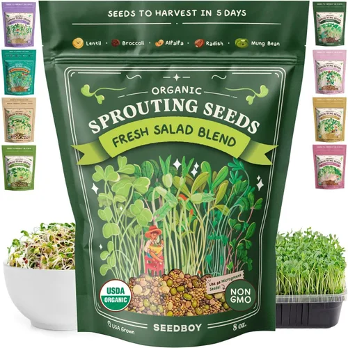 Seedboy Semillas orgánicas sin OMG, mezcla de ensalada fresca, mezcla de microverduras cultivadas en Estados Unidos con alfalfa, brócoli, rábano,