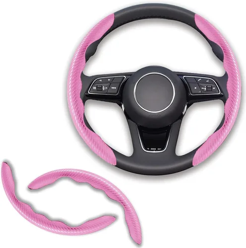 Miniatura 14 de 2 piezas Fundas de Volante de Fibra de Carbono de Ajuste Universal, Funda de Volante Antideslizante/Protector de Volante Segmentado/Accesorios Rojo