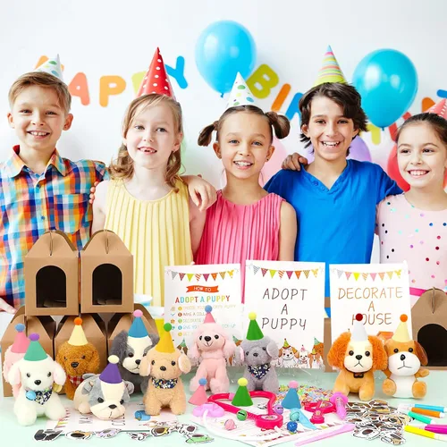 Miniatura 7 de Conjunto de Favores de Fiesta para Adoptar un Perro - 12 piezas de cachorros de peluche con sombreros de fiesta incluye casa de papel, cerca