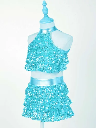 Miniatura 39 de JEATHA Top corto con borlas y lentejuelas brillantes para niñas, con minifalda, jazz latino, salsa, samba, rumba, baile