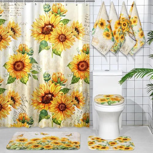 Honoson Juego de 8 cortinas de ducha de girasol vintage con alfombras y toallas de cocina, juego de ducha de granja para baño, para casa de campo,