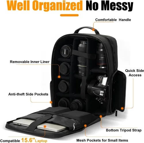 Miniatura 2 de Cwatcun Mochila para cámara DSLR/SLR/SLR/sin espejo para fotógrafos, funda de piel impermeable con soporte para trípode y portátil compatible