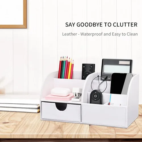 Miniatura 2 de Organizador de escritorio de polipiel con 7 compartimentos de almacenamiento para artículos de papelería, tarjetas de visita, lápices, bolígrafos