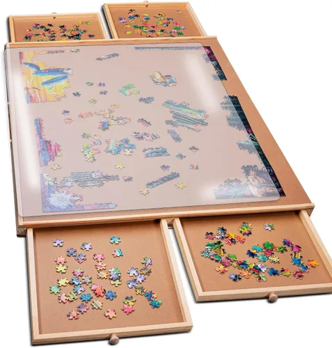 PlayVibe Tablero de rompecabezas de 1000 piezas con cajones y cubierta, bandeja portátil de madera para rompecabezas con cajones, estación de
