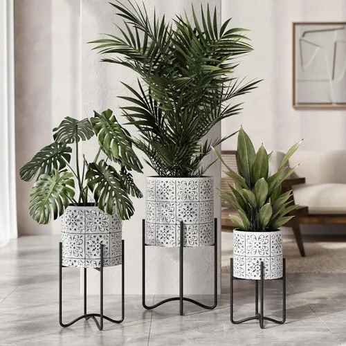 Miniatura 2 de EverNest Tristan - Maceta neutra de diseño bohemio blanco y negro con soporte Ambrose, macetas SelectBase para plantas