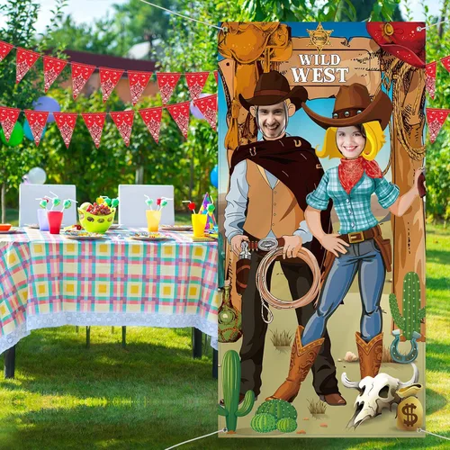 Miniatura 5 de Blulu Decoraciones de fiesta de fondo de vaquero occidental de 6 x 3 pies, decoración para cabina de fotos de rodeo del salvaje oeste, fondo