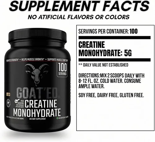 Miniatura 5 de GOAT'ED Monohidrato de creatina en polvo Creatina micronizada 100% pura para crecimiento muscular, fuerza y recuperación Suplemento de creatina