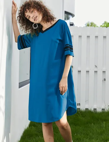 Miniatura 2 de Ekouaer Camisón para mujer, de algodón, con cuello en V, manga corta, holgado, cómodo, para dormir, tallas S-XXL