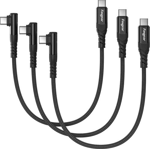 Fasgear Cable corto USB C a USB C – Paquete de 3 cargadores USB 2.0 tipo C de 1 pie de 60 W, carga rápida, trenzado en ángulo recto, compatible con