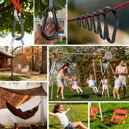 Miniatura 7 de Paquete de 50 mosquetones resistentes, ganchos de resorte grandes de 3.2 pulgadas a granel, mosquetones negros galvanizados para campamento, clips