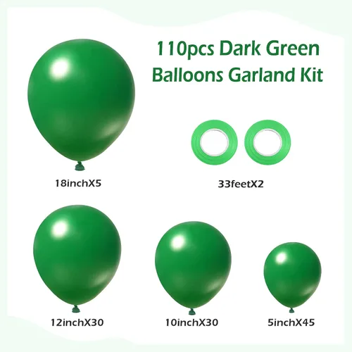 Miniatura 2 de FOTIOMRG 110 piezas de kit de arco de guirnalda de globos verde oscuro, globos de látex verde oscuro de 18/12/10/5 pulgadas de diferentes tamaños