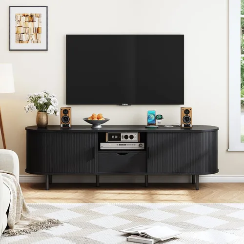 Miniatura 5 de ONBRILL Soporte de TV de 69 pulgadas con toma de corriente para televisores de hasta 80 pulgadas, centro de entretenimiento con almacenamiento