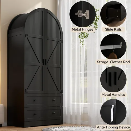 Miniatura 3 de Gyfimoie Armario Ropero Negro de 74.8" con 2 Cajones y 2 Puertas, Armario Alto de Dormitorio Independiente con Estantes, Gabinete de Almacenamiento