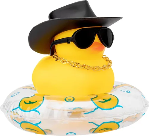 wonuu Pato de Goma para Automóvil, Decoración de Pato Amarillo para Tablero con Sombrero de Sol, Anillo de Natación, Collar, Gafas de Sol para
