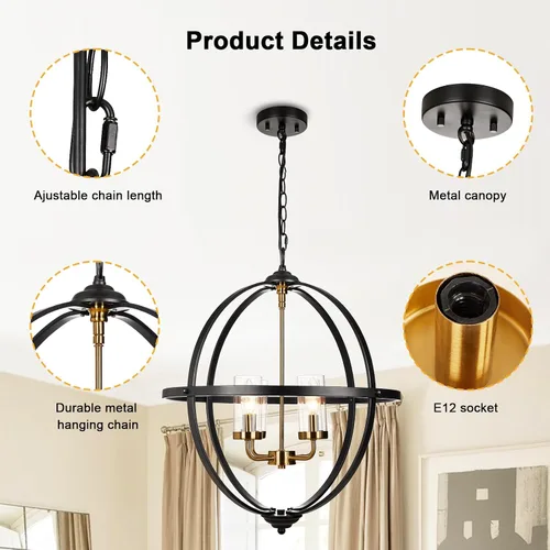 Miniatura 4 de Treekee Candelabro Globo de 20'', Candelabros de Níquel Cepillado, Candelabro Orbe Moderno de 4 Luces, Lujosa Lámpara Colgante con Pantalla