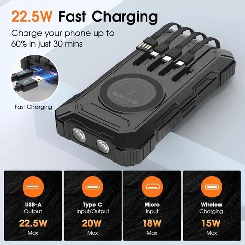 Miniatura 2 de BLASOUL Solar Charger 49800mAh Power Bank - Wireless Portable Phone Charger with 4 Built-in Cable,22.5W Fast Charging External Battery Pack PD 3.0