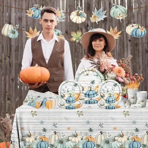 Miniatura 4 de 142 platos y servilletas para fiesta de otoño, suministros para fiesta, platos de calabaza de acuarela y servilletas, vasos, manteles y cubiertos